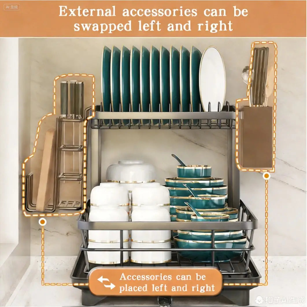 This Double-Layered, Large Metal And Carbon Steel Cutlery Rack Is Perfect For Kitchen Countertops. It's Space-Saving And Durable, Featuring Knife, Fork, And Cup Holders, As Well As A Drainer. The Rust-Resistant Design Makes Your Kitchen More Organized