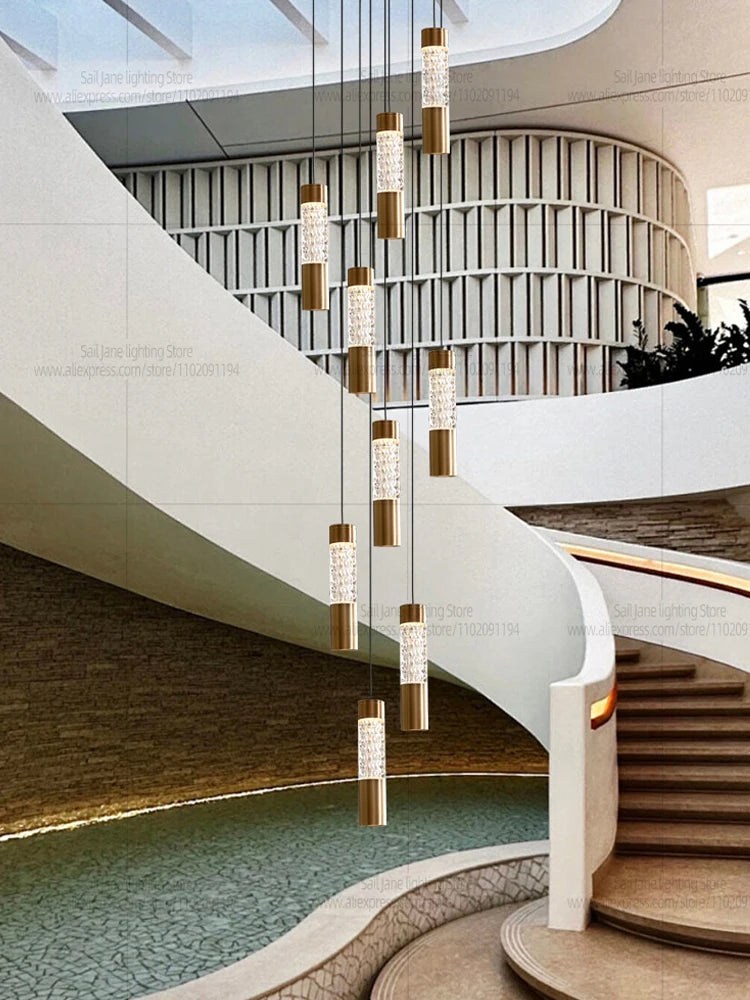 Modern Luxury Gilding Cylindrical Chandelier Villa Living Room Ceiling Light Hanging Duplex Stair Pendent Lamp Home Decoration
